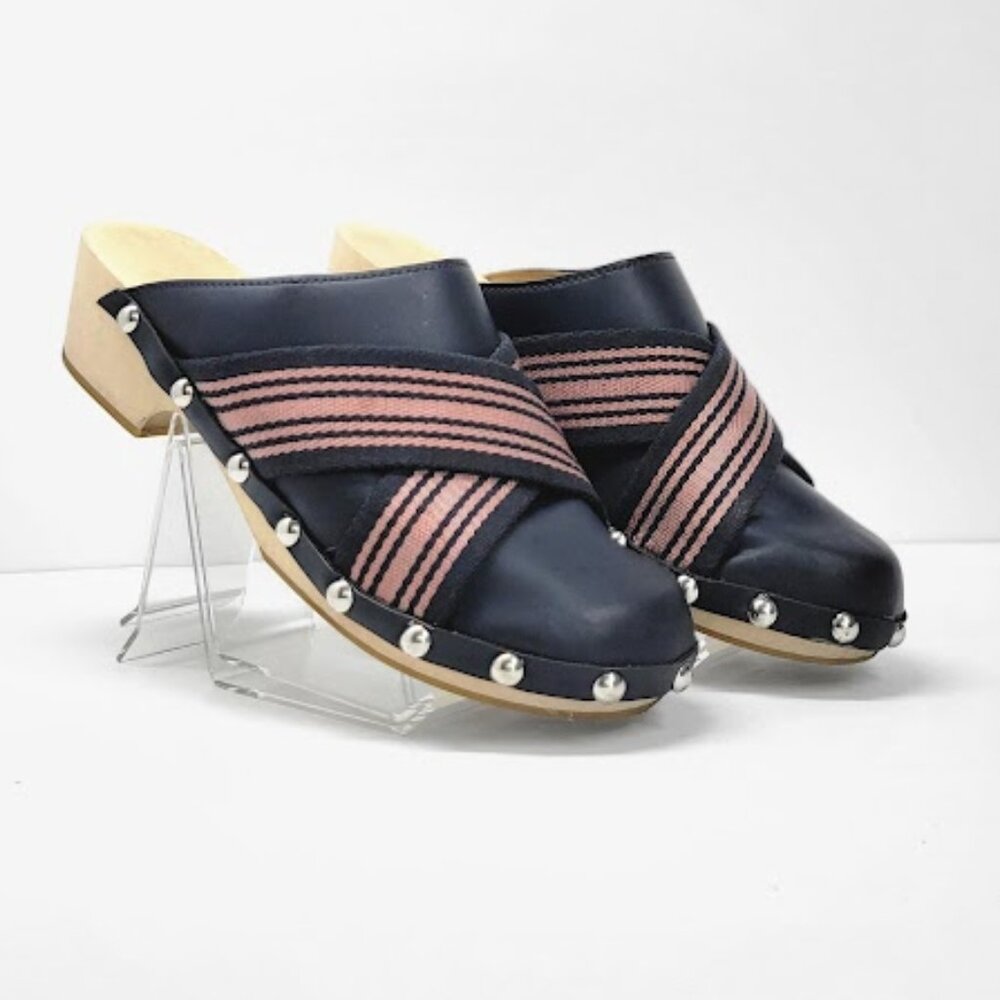 HUNTER Webbing Crisscross Wood Sole Leather Clogs Navy  Women’s Size 9 EUC